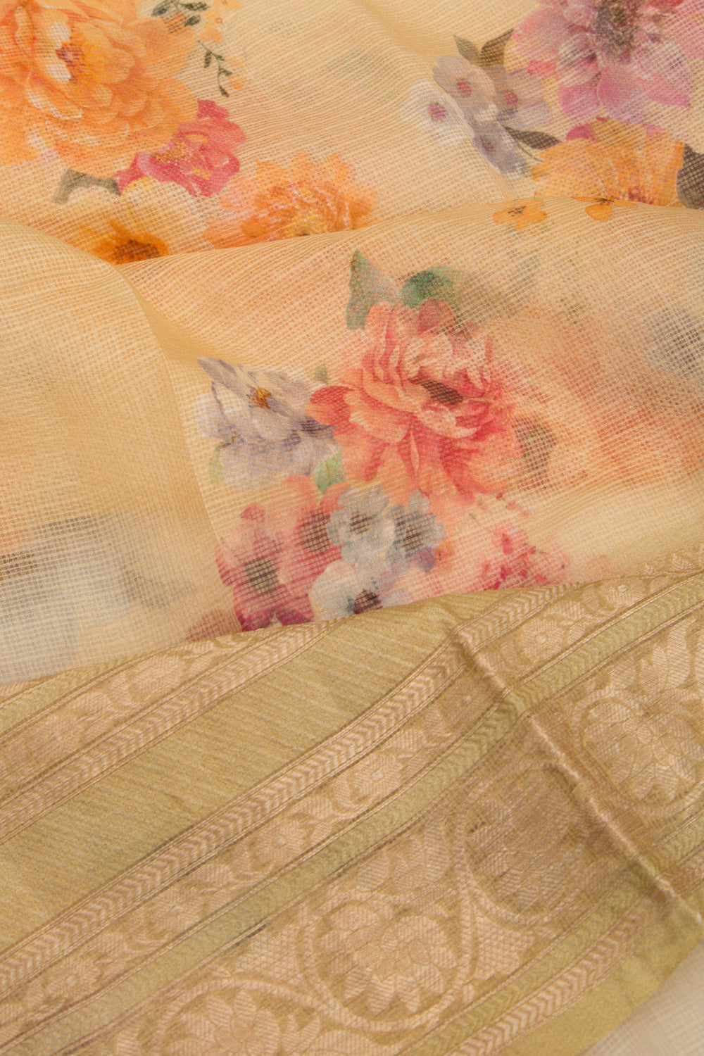 Kota Soft Silk Floral Printed Yellow Saree