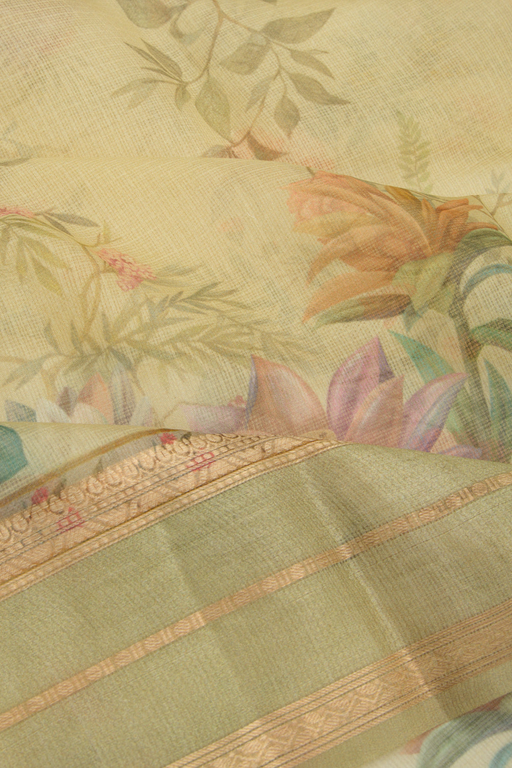 Kota Soft Silk Floral Printed Yellow Saree