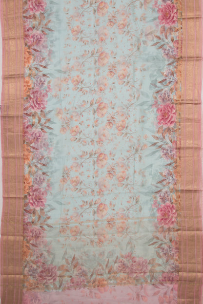 Soft Kota Silk Floral Printed Sky Blue Saree