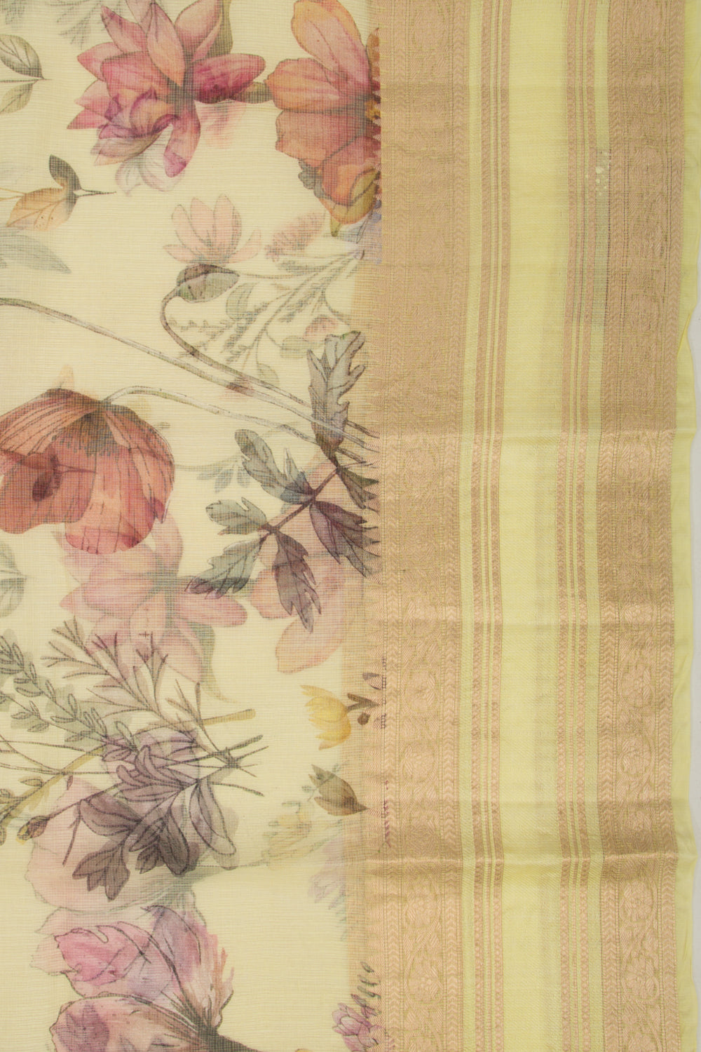 Soft Kota Silk Floral Printed Lemon Yellow Saree