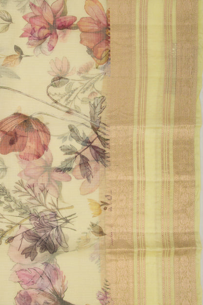 Soft Kota Silk Floral Printed Lemon Yellow Saree