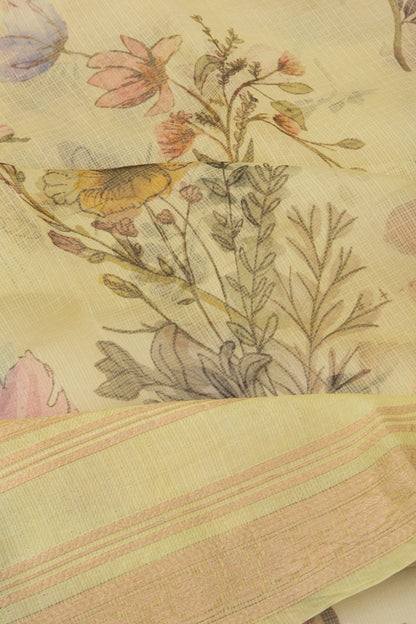 Soft Kota Silk Floral Printed Lemon Yellow Saree