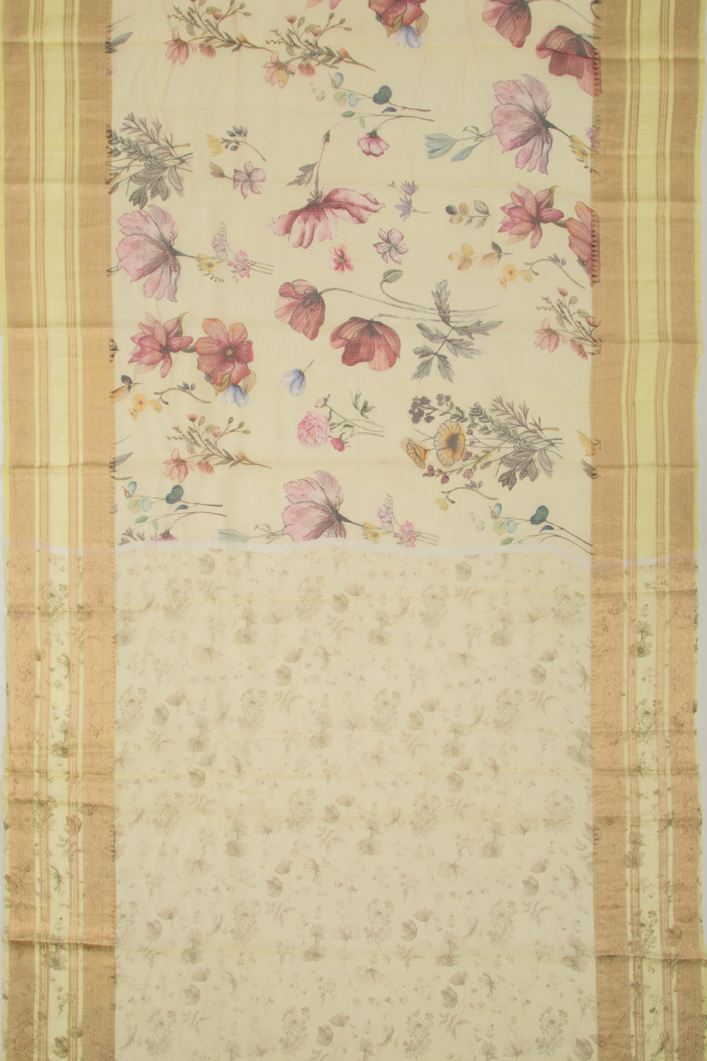 Soft Kota Silk Floral Printed Lemon Yellow Saree