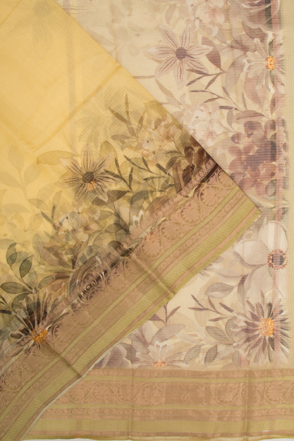 Kota Soft Silk Floral Printed Yellow Saree