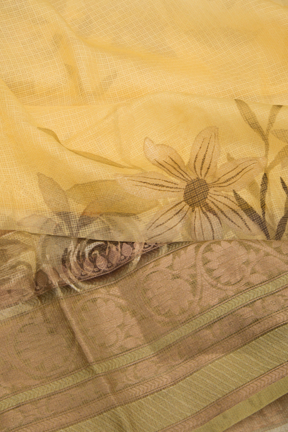 Kota Soft Silk Floral Printed Yellow Saree