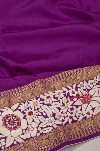 Parsi Gara Banarasi Silk Plain Purple Saree