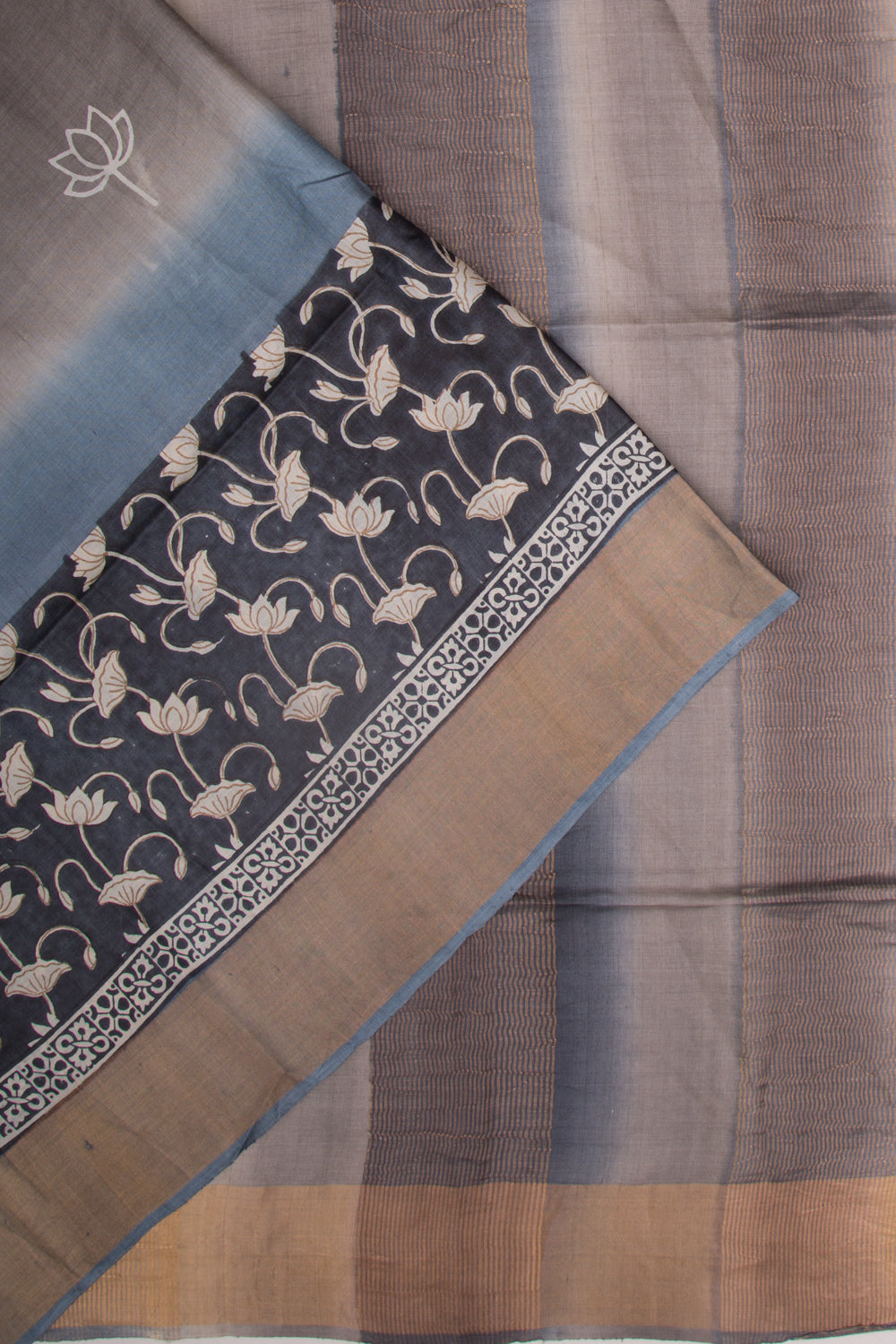 Tussar Printed Half And Half Black And Grey Saree