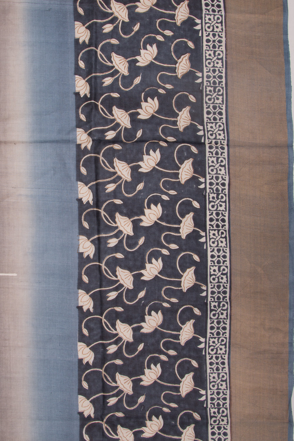 Tussar Printed Half And Half Black And Grey Saree