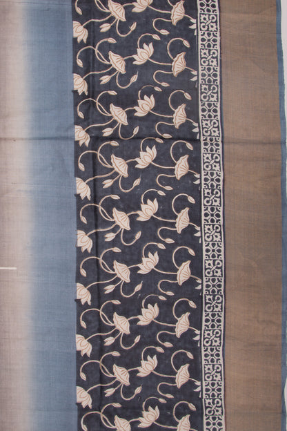 Tussar Printed Half And Half Black And Grey Saree