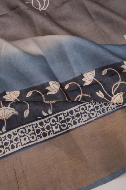 Tussar Printed Half And Half Black And Grey Saree