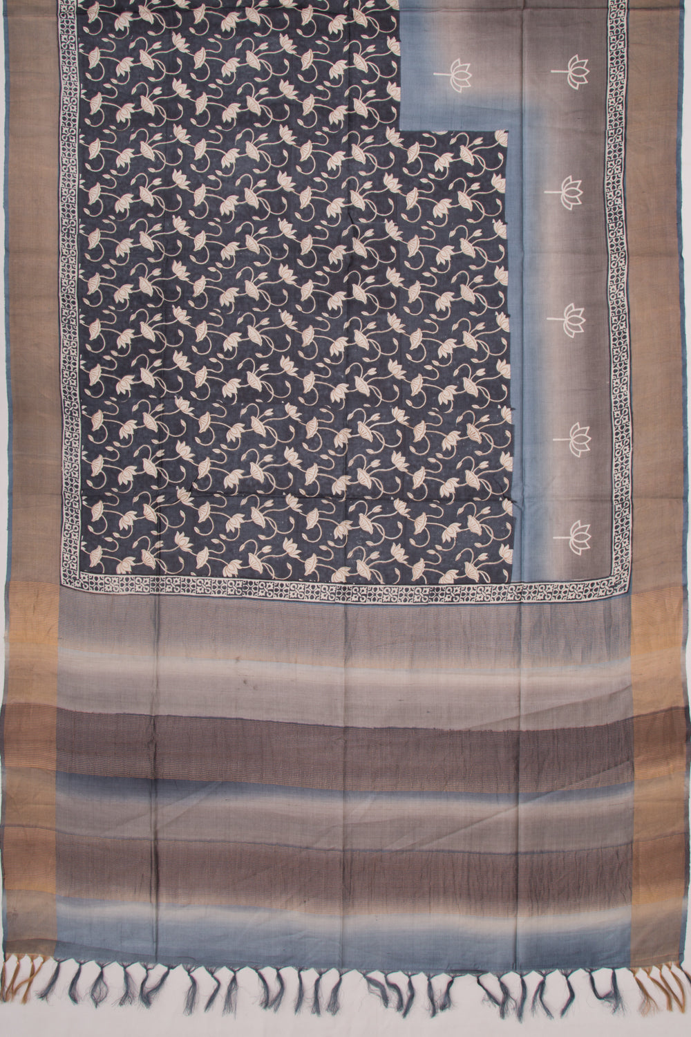 Tussar Printed Half And Half Black And Grey Saree