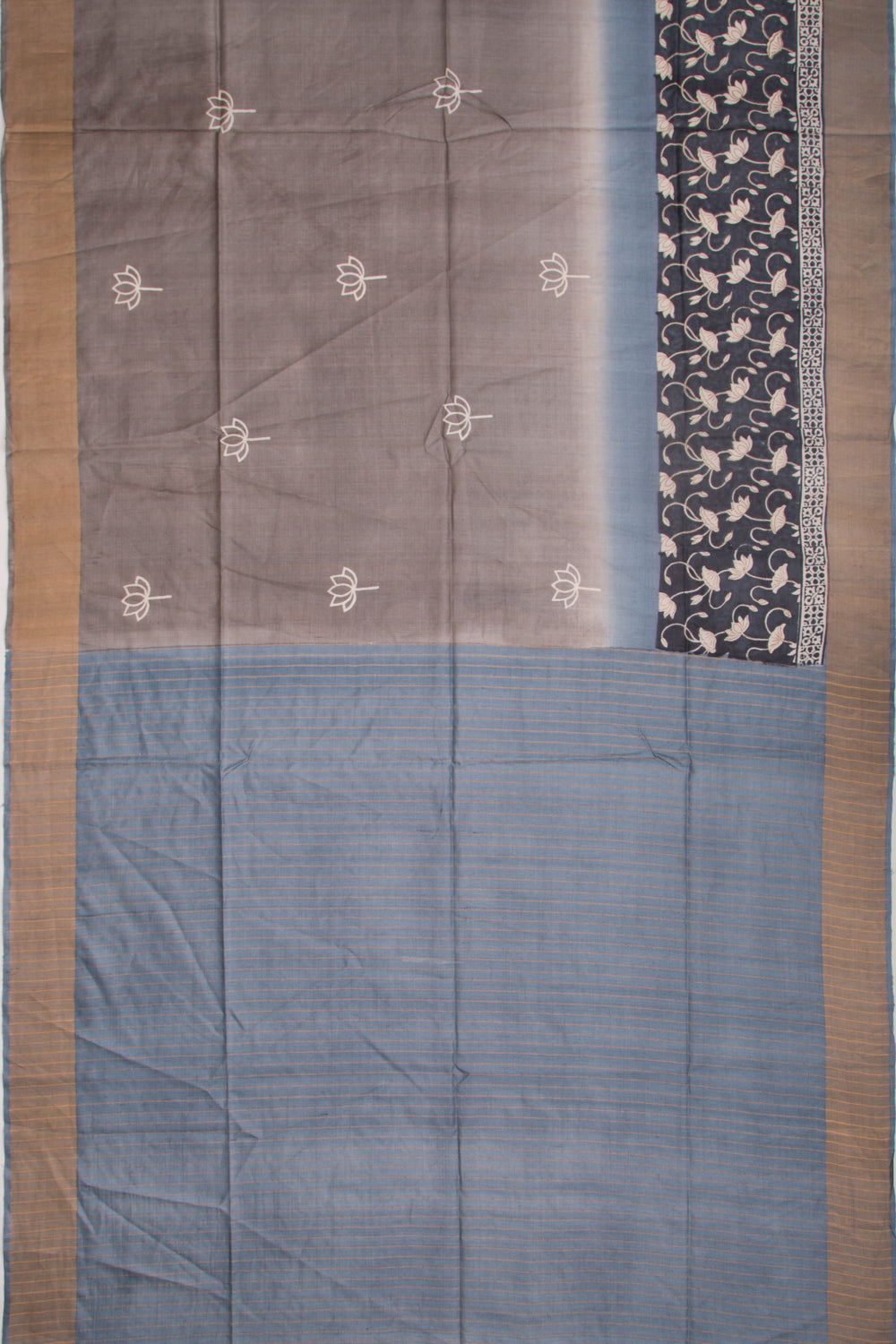 Tussar Printed Half And Half Black And Grey Saree