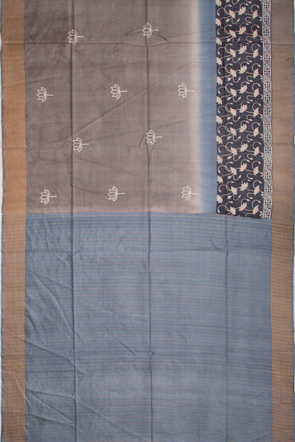 Tussar Printed Half And Half Black And Grey Saree
