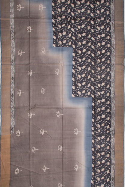 Tussar Printed Half And Half Black And Grey Saree