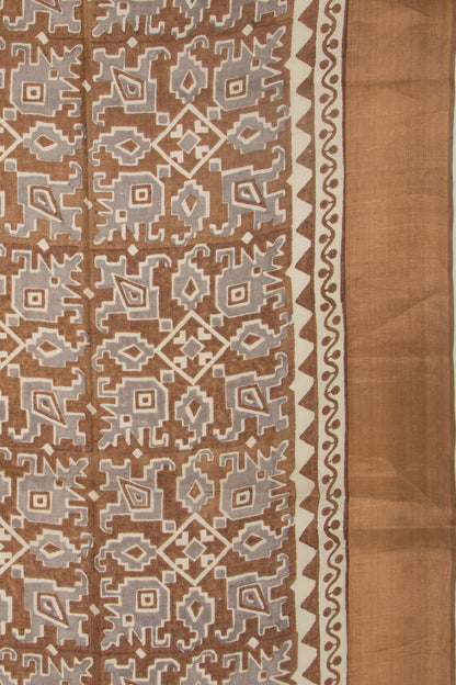 Tussar Printed Grey And Brown Saree