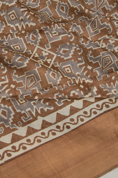 Tussar Printed Grey And Brown Saree