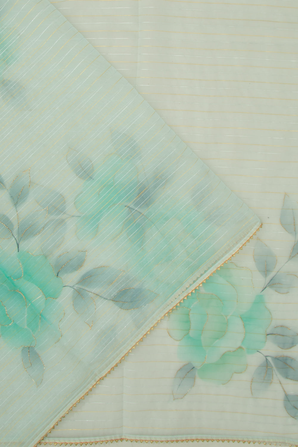 Organza Horizontal Lines And Printed Pastel Green Saree
