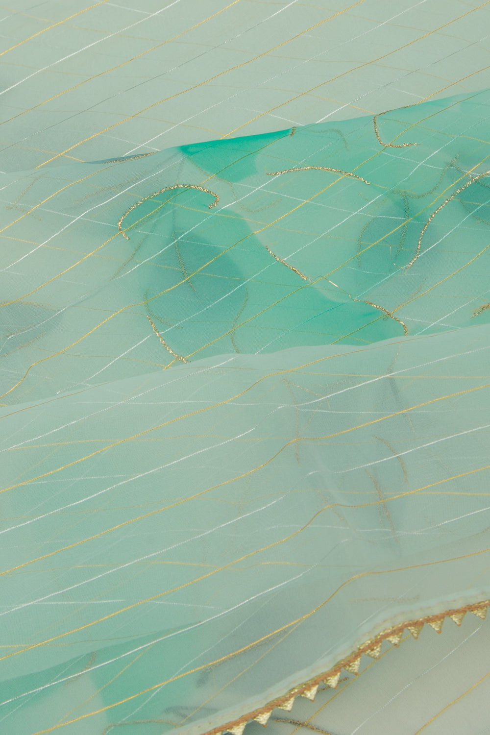 Organza Horizontal Lines And Printed Pastel Green Saree