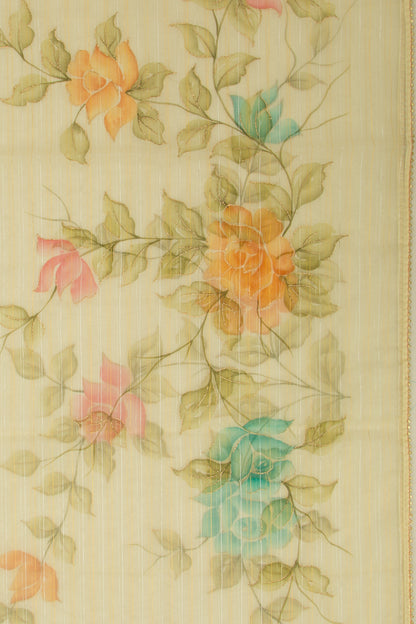 Organza Horizontal Lines And Printed Yellow Saree
