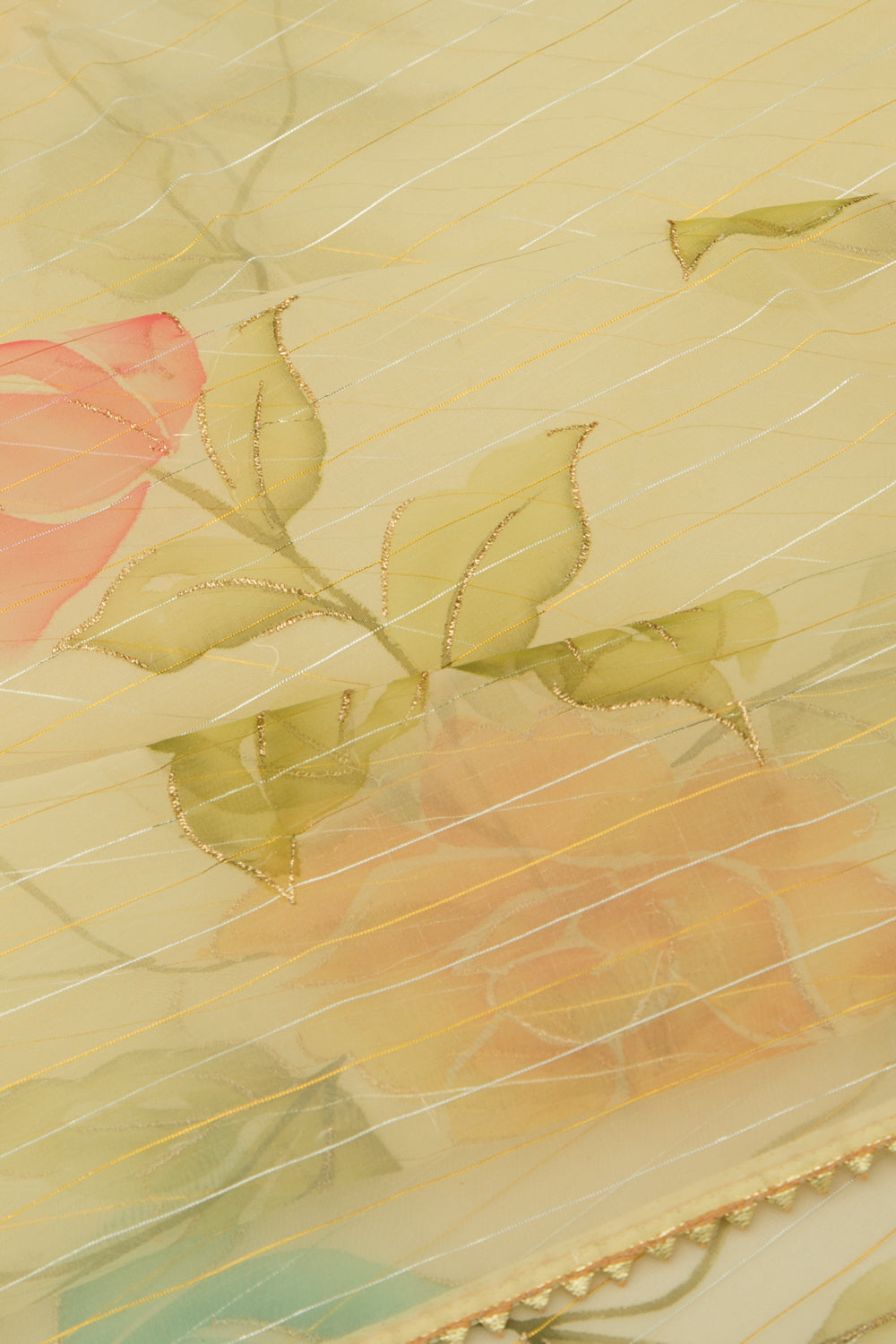 Organza Horizontal Lines And Printed Yellow Saree