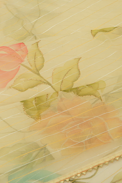 Organza Horizontal Lines And Printed Yellow Saree
