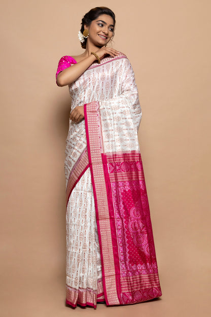 Sambalpuri Silk Ikat White Saree