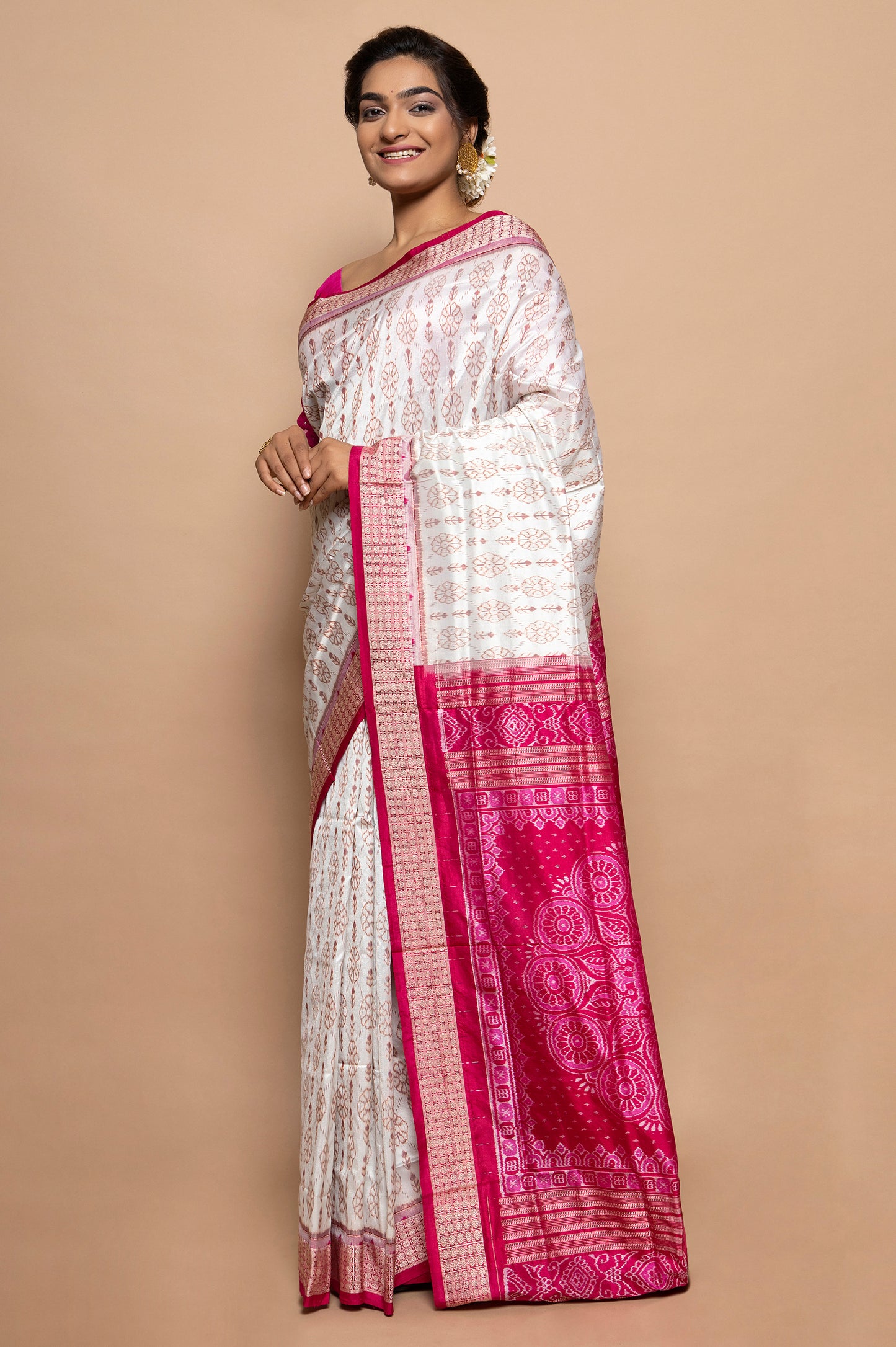 Sambalpuri Silk Ikat White Saree