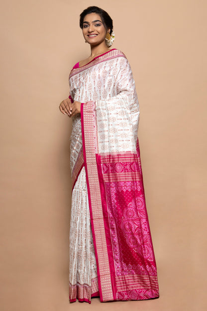 Sambalpuri Silk Ikat White Saree
