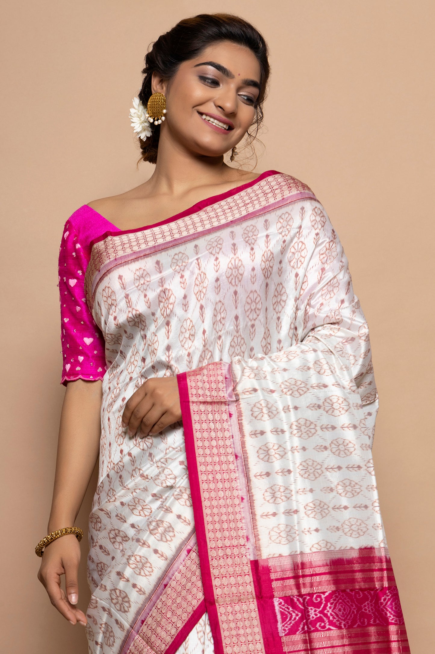 Sambalpuri Silk Ikat White Saree