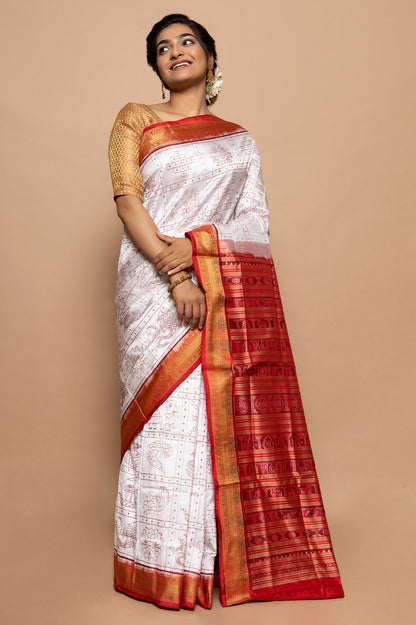 Sambalpuri Silk Ikat White Saree