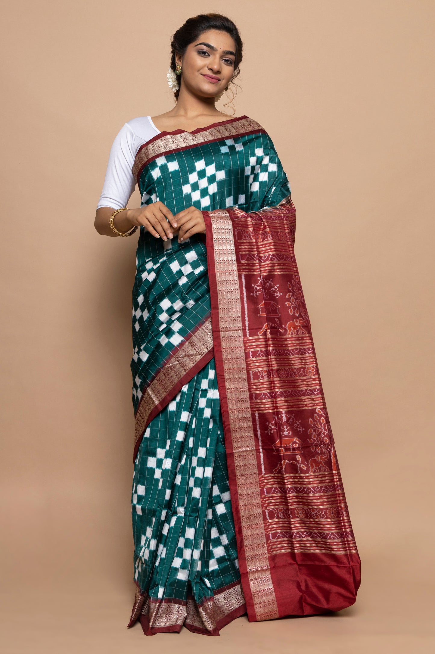 Sambalpuri Silk Ikat Teal Green Saree