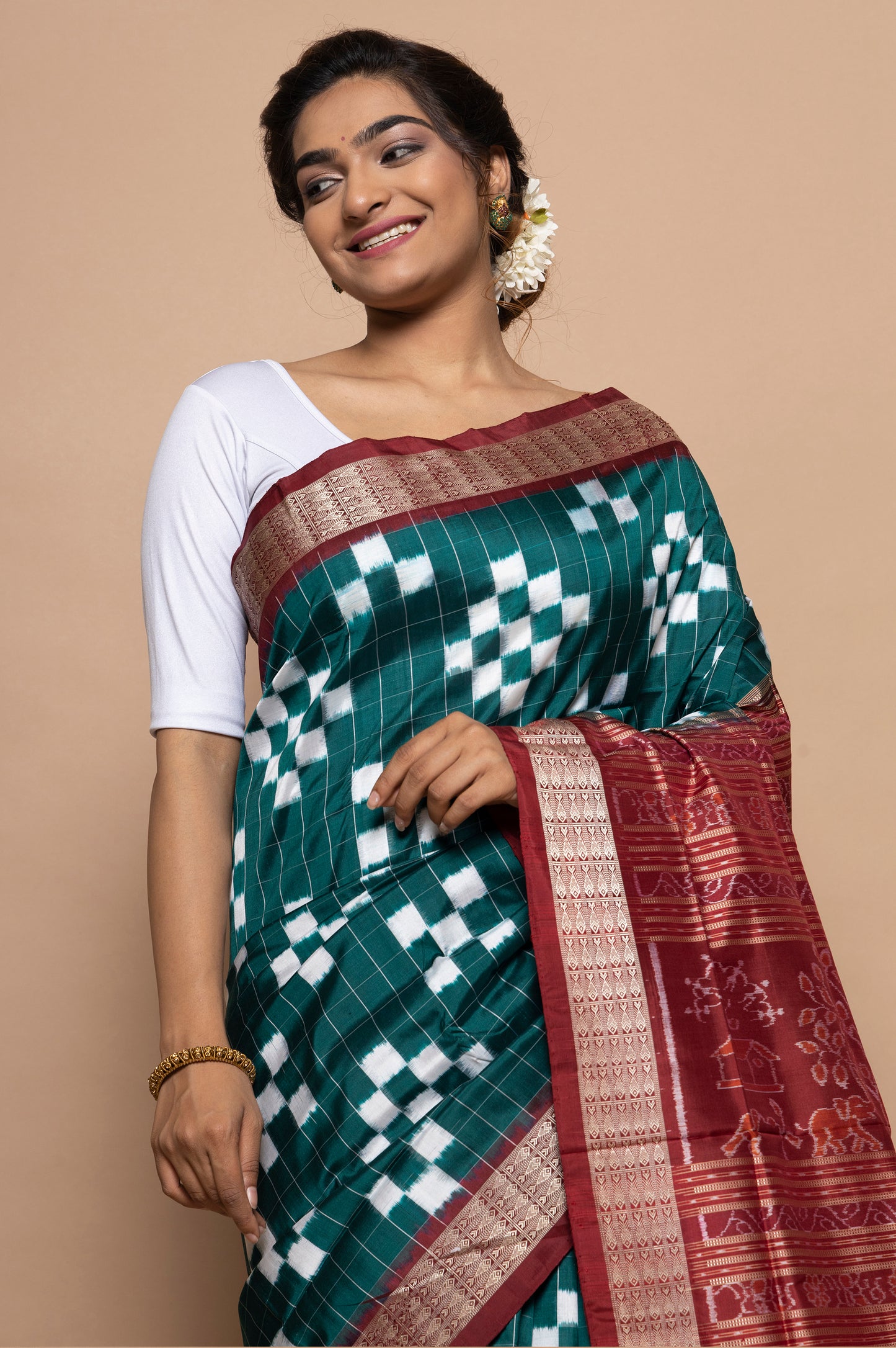 Sambalpuri Silk Ikat Teal Green Saree