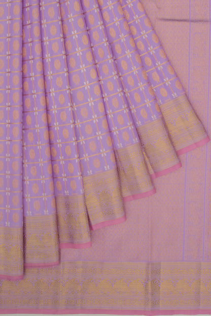 Kanchipuram Silk Checks And Butta Lavender Saree