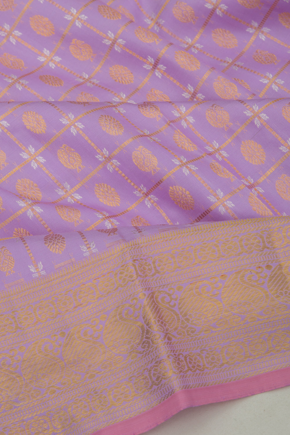 Kanchipuram Silk Checks And Butta Lavender Saree