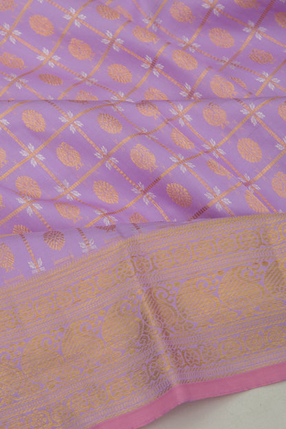 Kanchipuram Silk Checks And Butta Lavender Saree