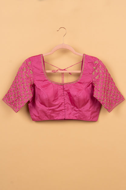 Pure Silk Readymade Padded Bright Pink Blouse Size 38