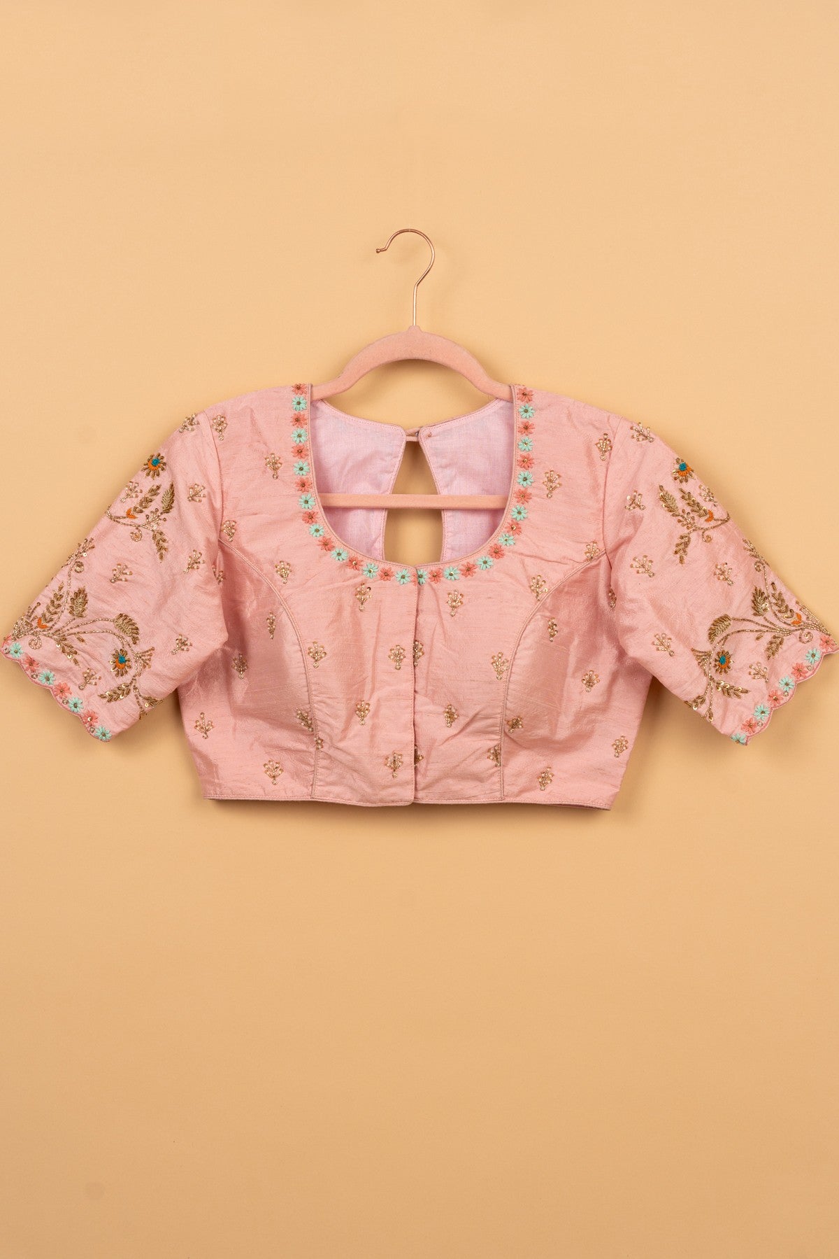 Raw Silk Readymade Padded Oyster Pink Blouse Size 36