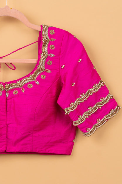 Raw Silk Readymade Padded Magenta Blouse Size 36