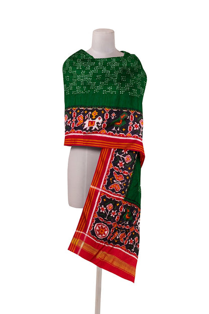 Patan Patola Silk Ikat Bandhani Dark Green Dupatta