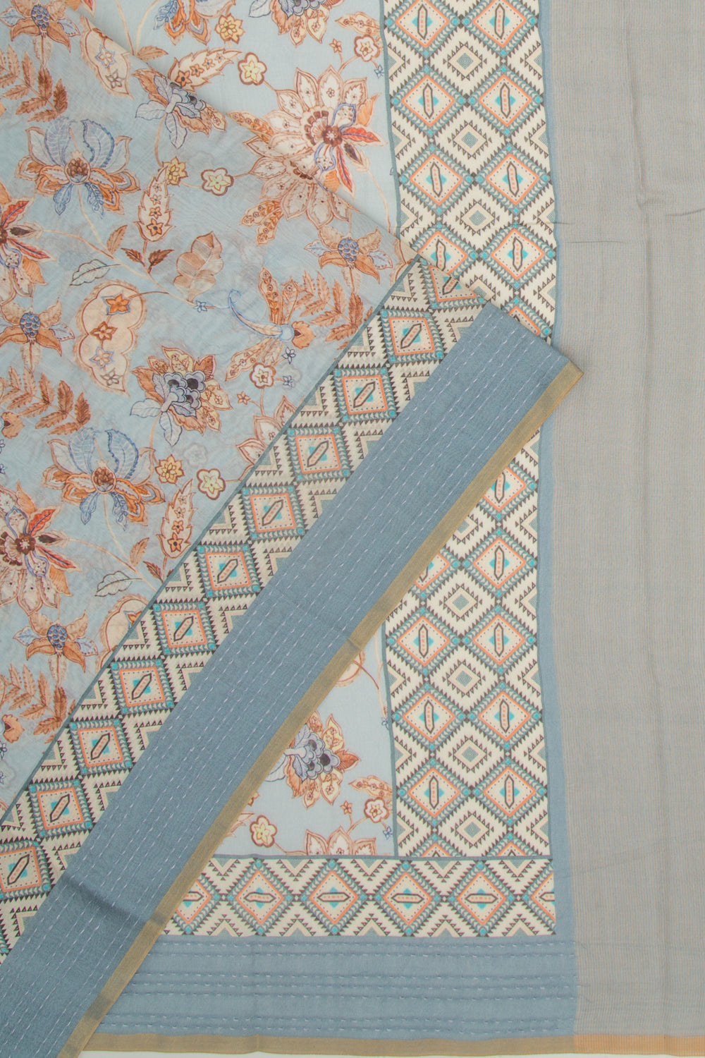 Chanderi Silk Floral Printed Blue Saree