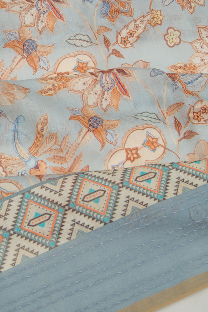 Chanderi Silk Floral Printed Blue Saree