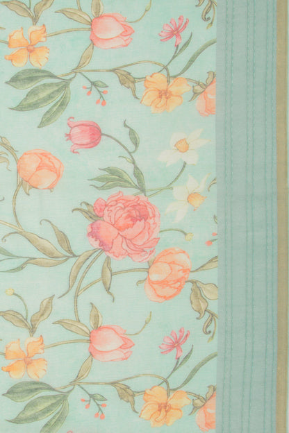 Chanderi Silk Floral Printed Sea Green Saree