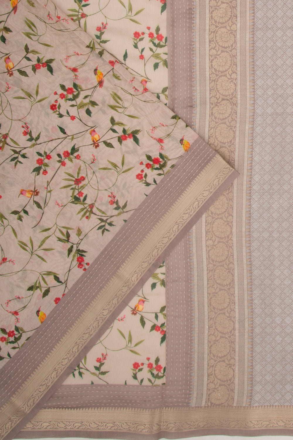 Chanderi Silk Floral Printed Cream Saree