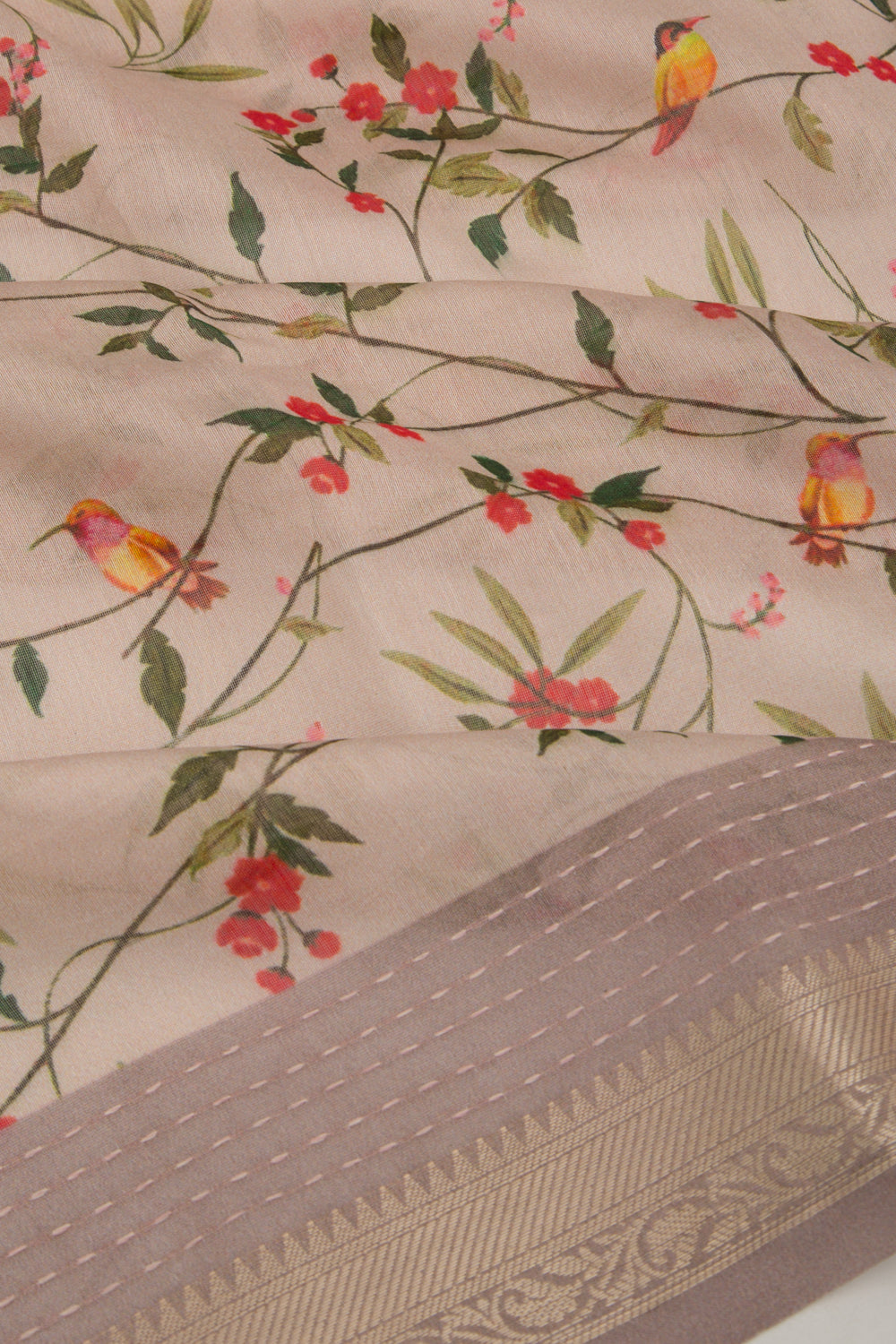 Chanderi Silk Floral Printed Cream Saree