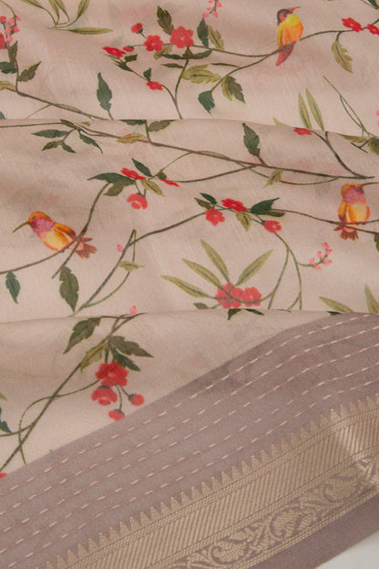 Chanderi Silk Floral Printed Cream Saree