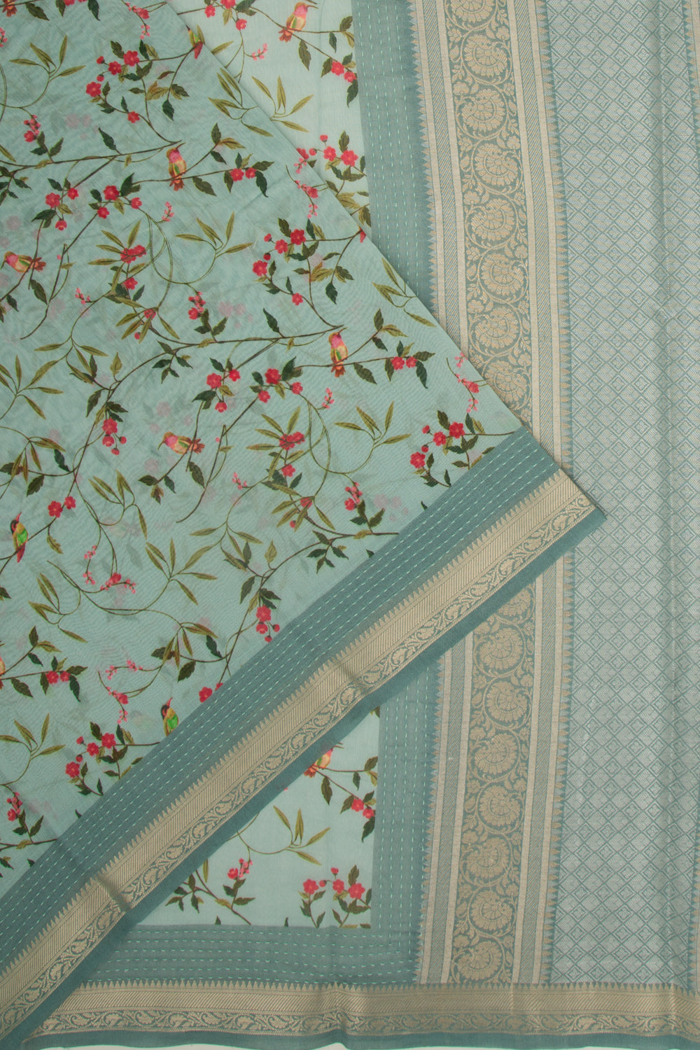 Chanderi Silk Floral Printed Blue Saree