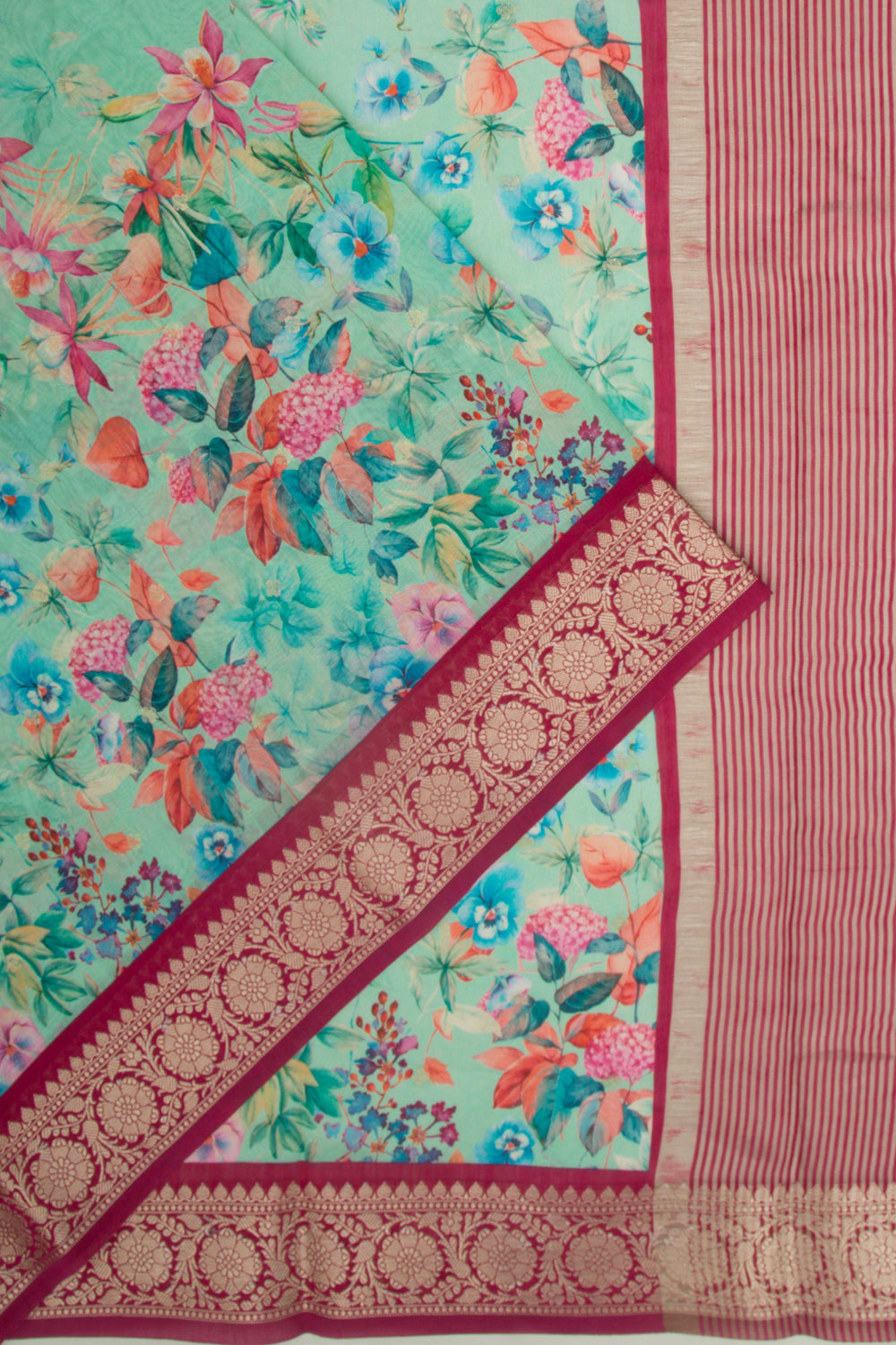 Chanderi Silk Butta And Floral Printed Sea Green Saree