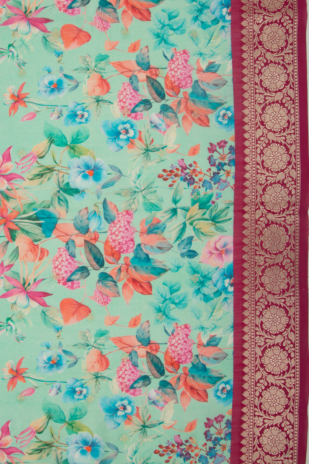 Chanderi Silk Butta And Floral Printed Sea Green Saree