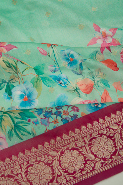 Chanderi Silk Butta And Floral Printed Sea Green Saree