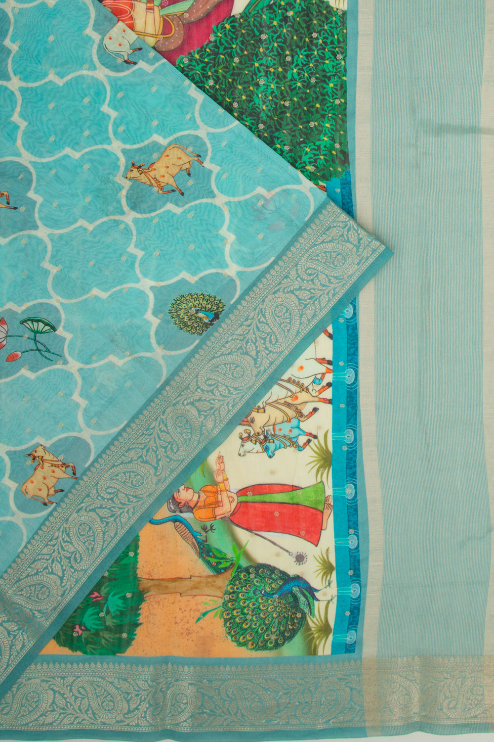 Chanderi Silk Butta And Pichwai Printed Sky Blue Saree